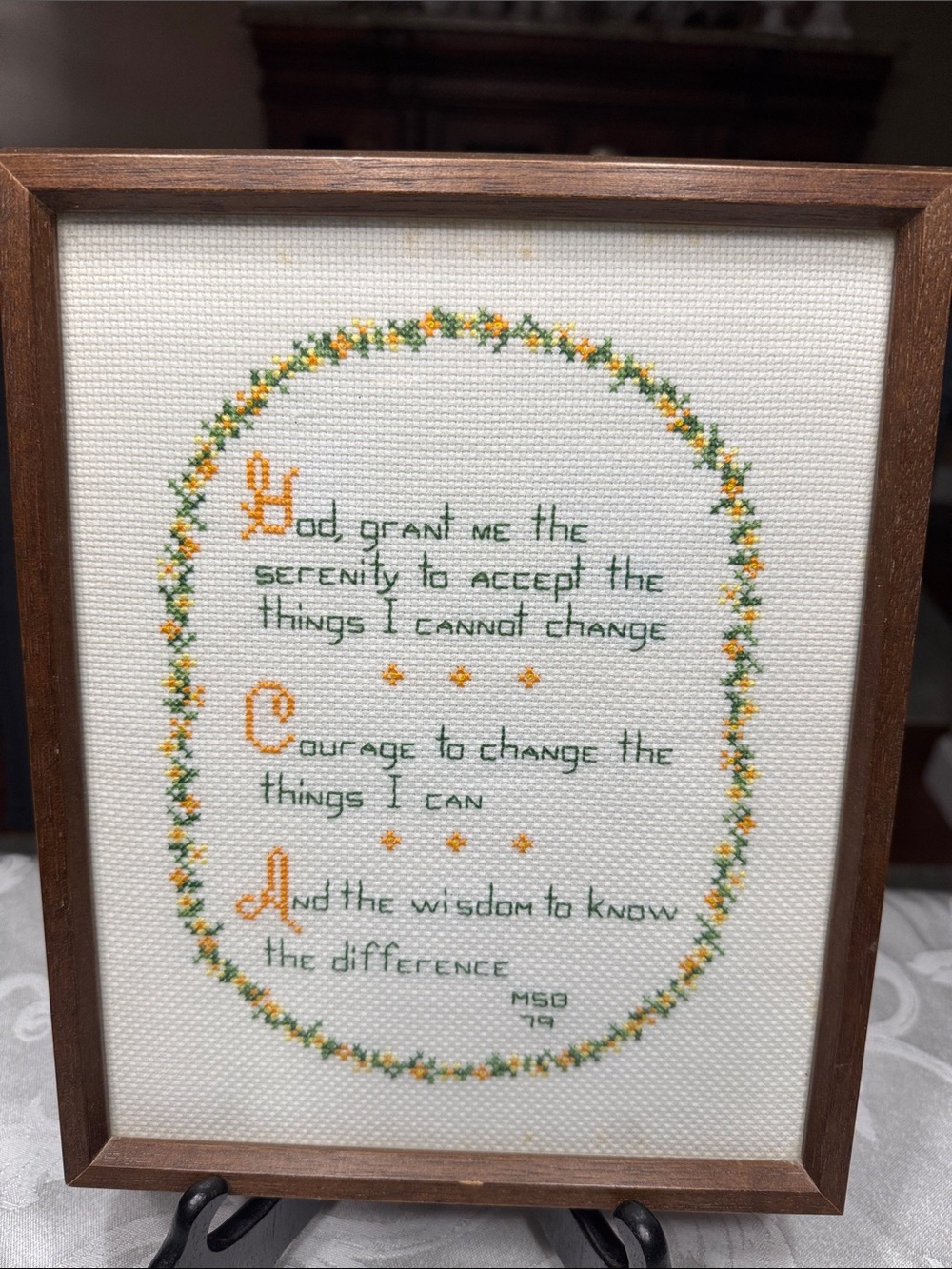 Vtg 1979 framed handmade cross stitch “Serenity Prayer. 8 1/2” x 10 1/2”